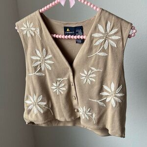 90’s Tan Floral Embroidered Cropped Cotton Vest